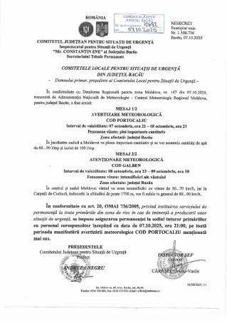 Avertizare Meteorologică COD PORTOCALIU - Ploi importante cantitativ - zonă afectată JUDEȚUL BACĂU